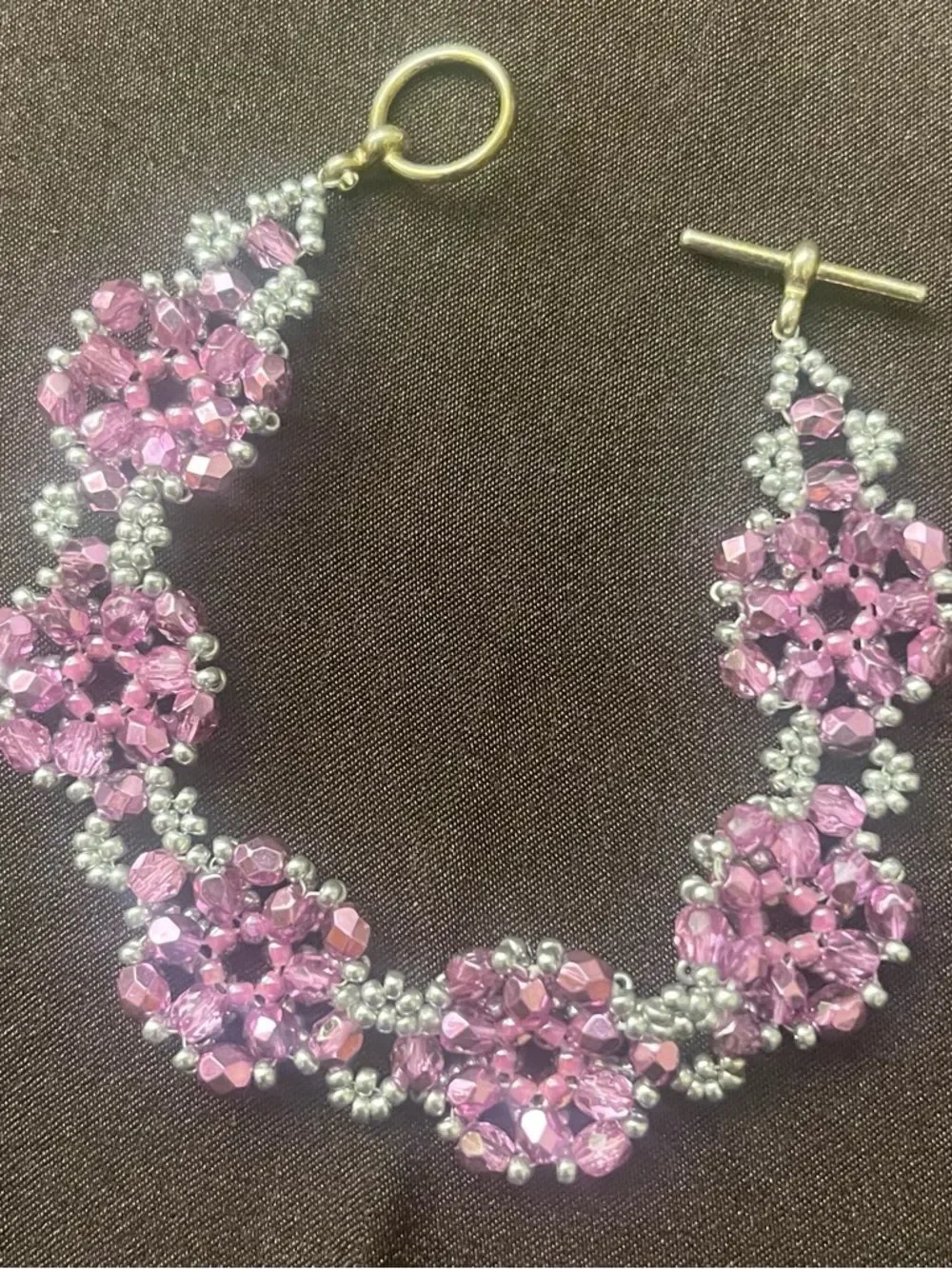 Handcrafted Pink and Silver Beaded Floral Bracelet - for prom or a special event